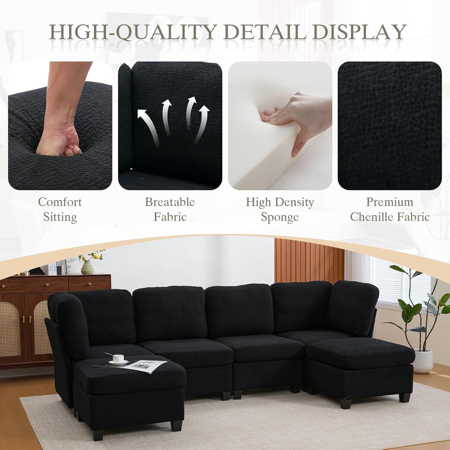 113.39" Modular Sectional Sofa, 6 Seaters Sectional Sleeper Sofa, U Shaped Couch, Comfy Convertible Couches with Ottomans, Oversized Modular Sofa with Large Storage for Living Room (Black)