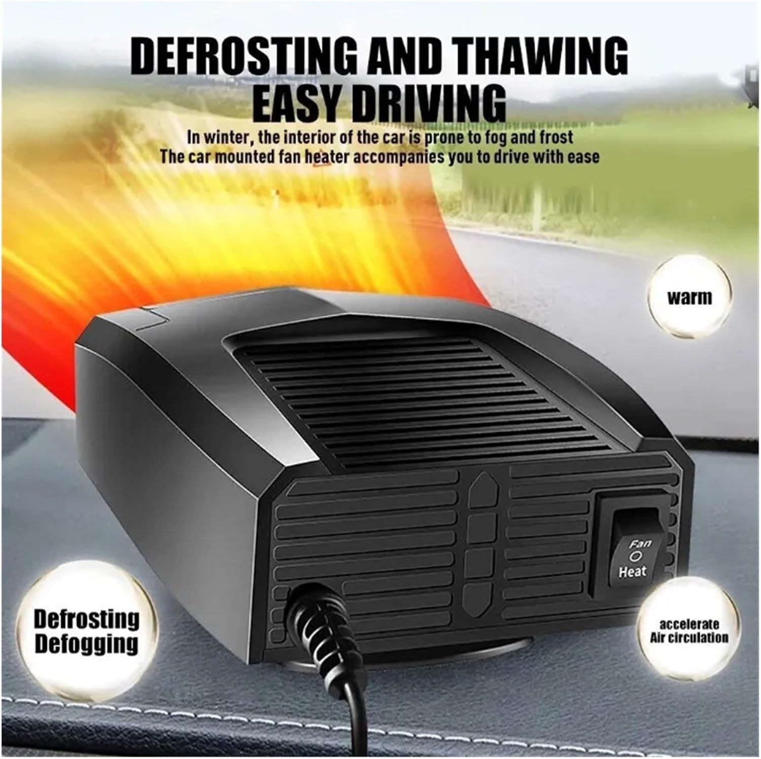 12V 300W Electric Car Heater DC Heating Fan Defogger Defroster Demister Portable Vehicle-Mounted(12V Black)