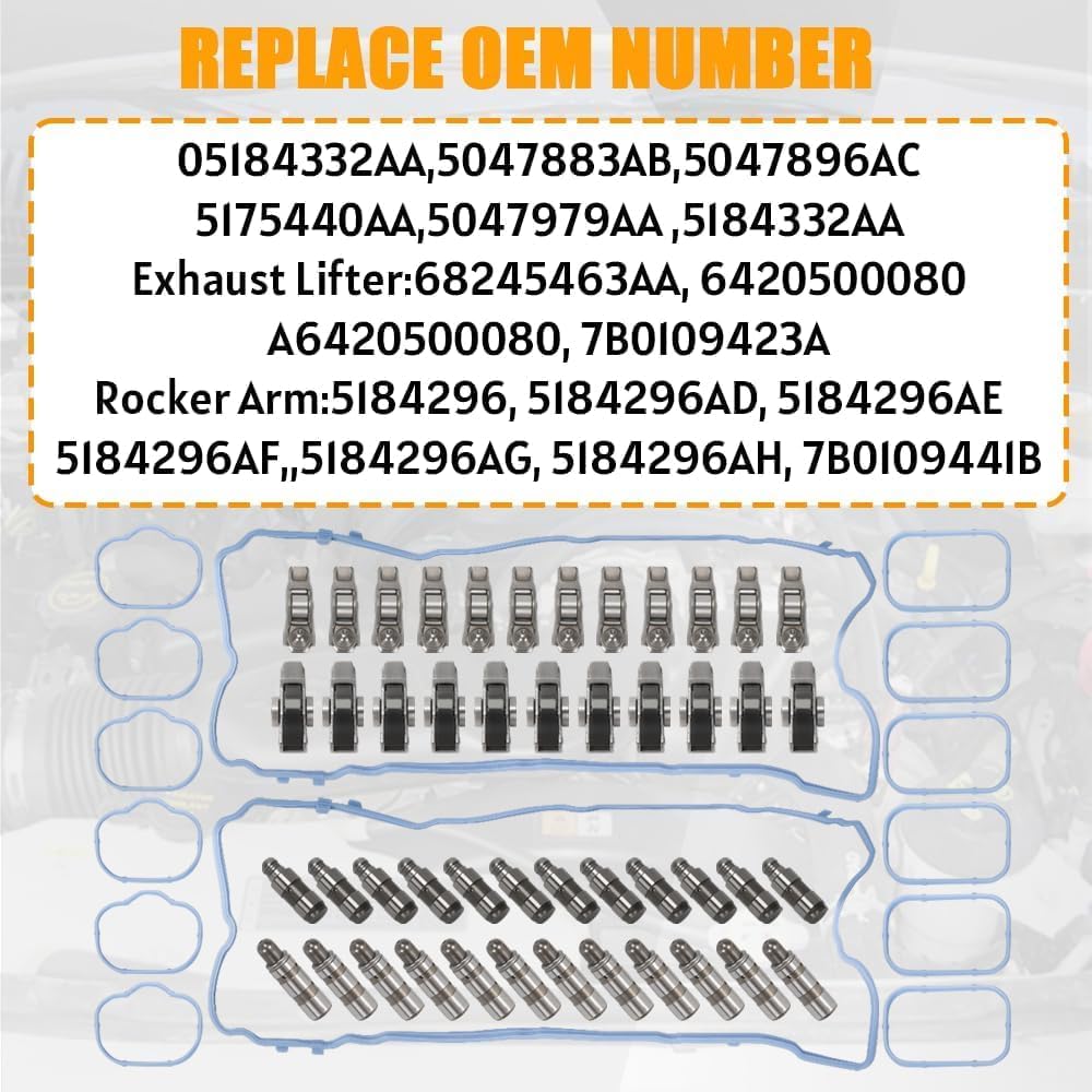5047979AA 24Pcs Rocker Arm and 24Pcs Lifter Kit with Gasket Compatible with Jeep Grand Cherokee Wrangler Compatible with Dogde Durango Ram Compatible with Chrysler Pacifica Voyager 3.6L Engine