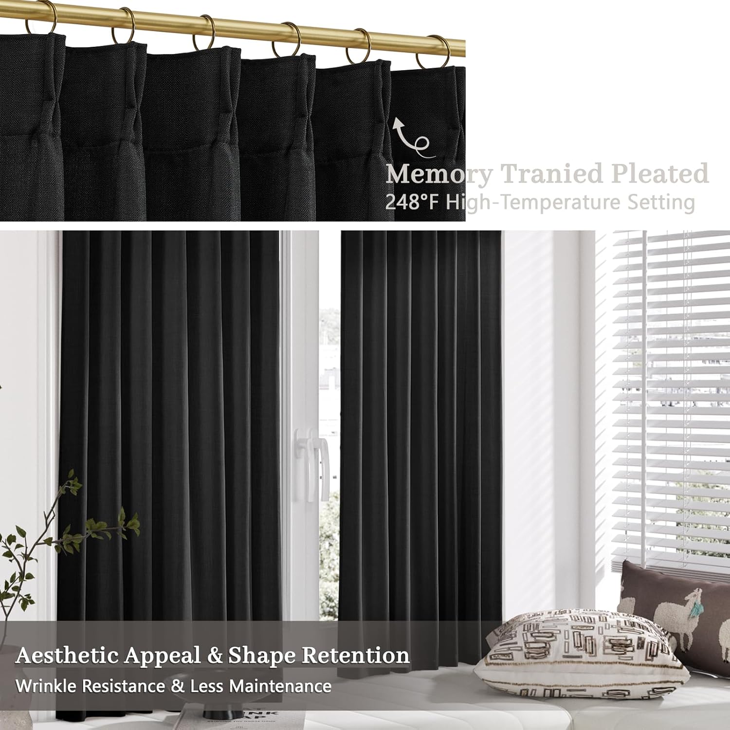 Black Linen Pinch Pleated Curtains 63 Inches Length for Cafe, Light Filtering Memory Training Shaped Short Non-See-Through Privacy Semi Sheer Curtain for Kitchen 2 Panels 40" W x 63" L Neutral