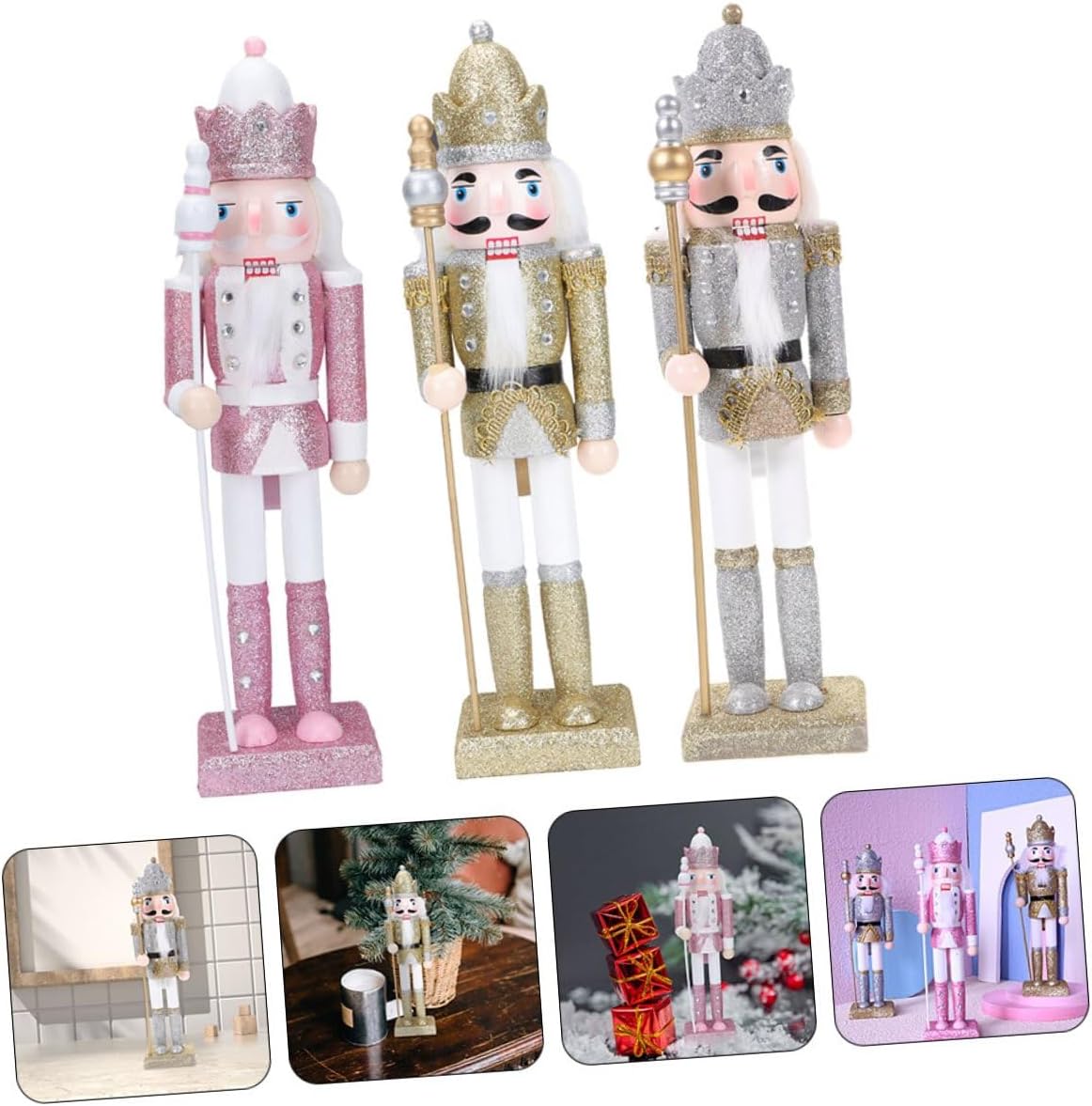 Luxshiny 3pcs Glitter Finish Wooden Nutcracker Soldier Figurines Christmas Nutcracker Ornaments Traditional Holiday Decor for Indoor Tabletop Display