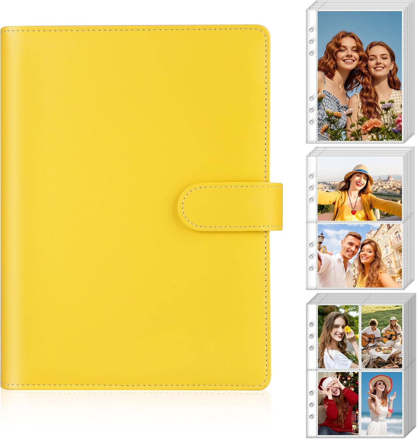 A5 Kpop Photocard Binder 6-Ring Card Collector Album with 40 Pack Card Sleeves, PU Leather Photocard Holder Book with Multi-Size Photo Protectors for Organizing Trading Cards, Lemon Yellow