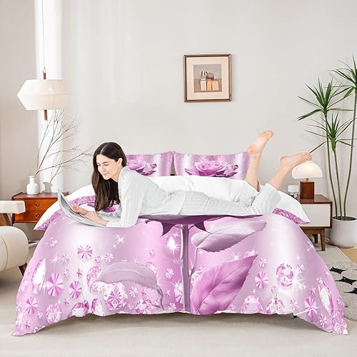 Miniatura 1 de Manfei Juego de funda de edredón de 3 piezas con diseño de rosas rosadas y diamantes, para decoración de habitación de niños, niñas y adultos, funda