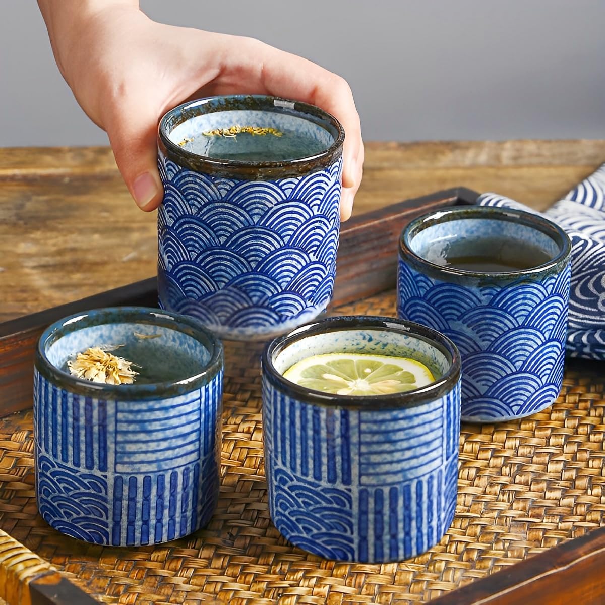 Ceramic Teacups Set of 4, Asian Chinese Japanese Modern Cup Set, No Handle Tea Mugs for Espresso Cappuccino Coffee Milk Wine Sake Cup 6.42oz (Blue)