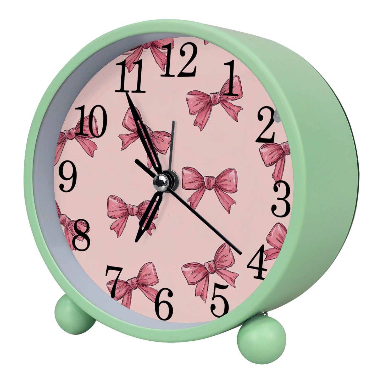 etoenbrc Pink Bows Round Battery Operated Bedside Alarm Clock Non-Ticking Desktop Silent Analog Alarm Clocks with Light