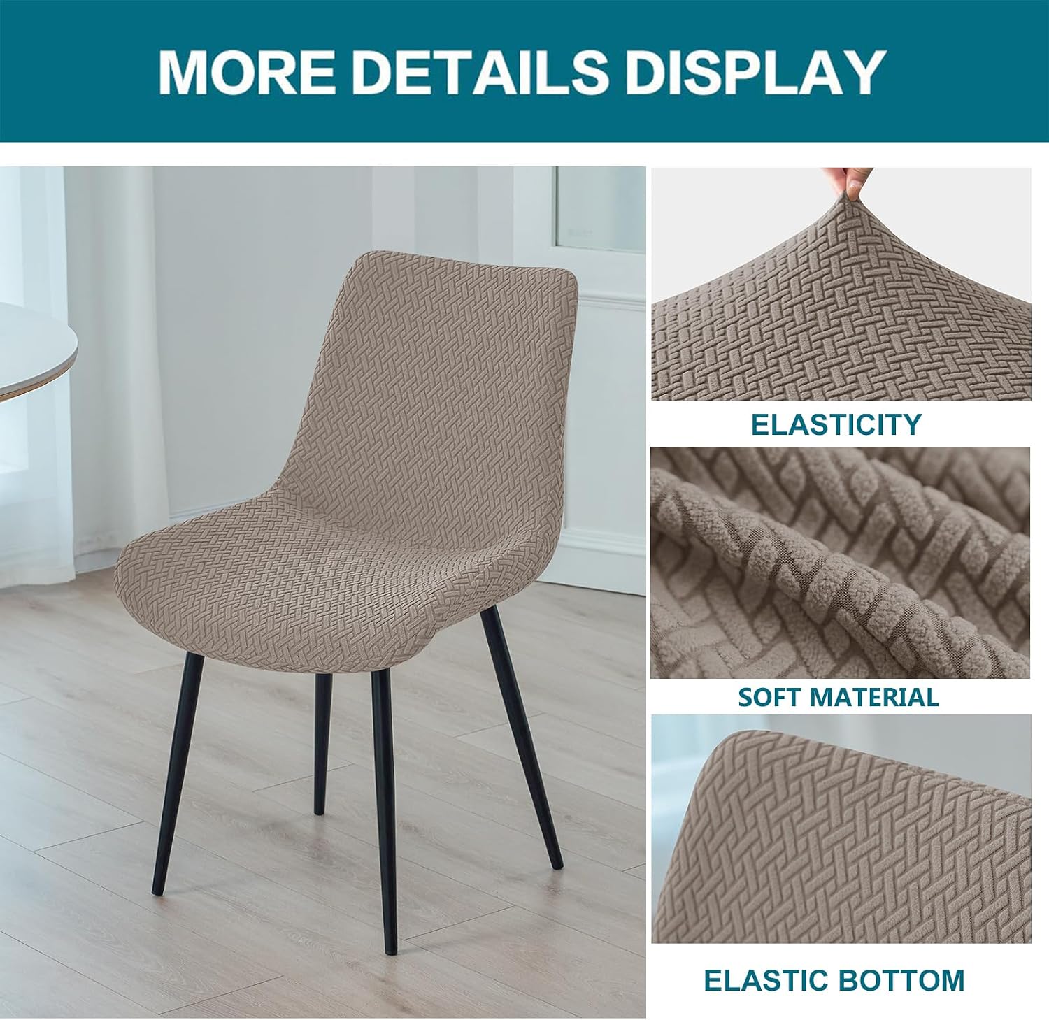 KRFOONN Jacquard Mid Century Modern Dining Chair Covers Set of 4 Stretch Armless Accent Side Chair Covers Soft Washable Dining Room Chair Slipcover for Kitchen Living Room Armless Side Chairs, Khaki