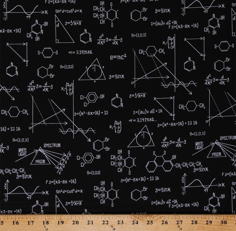 Cotton Science Diagrams Chalkboard Drawings Equations Math Chemistry Physics Geometry Science Fair Black Cotton Fabric Print by The Yard (AIB-14737-2BLACK)
