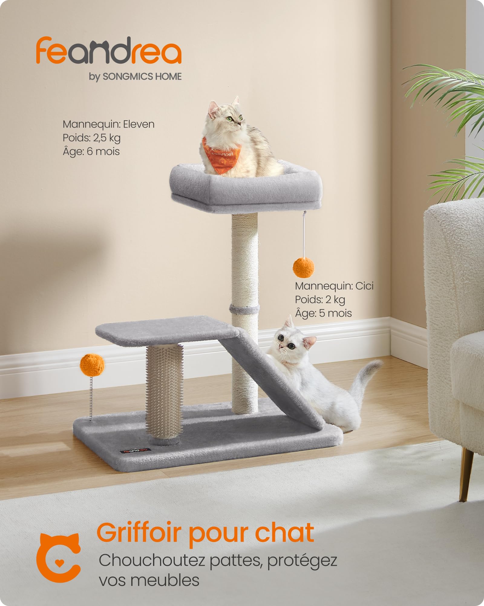 Feandrea Griffoir pour Chat avec Lit, Griffoir Multifonctionnel avec Rampe de Grattage Pivotante, Perchoir, Toilettage Autonome, Pompons, Petit Arbre à Chat, Gris Clair PCA024G01