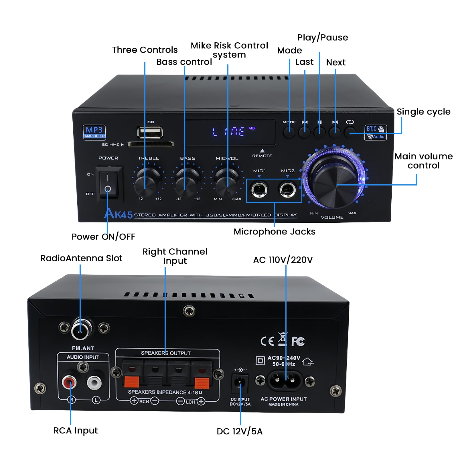 AK45 Amplificatore HiFi Mini Stereo Bluetooth 2.0 Canali 40W X 2 12V/240V Telecomando