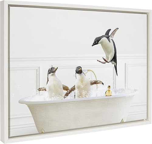 Kate and Laurel Sylvie Penguins In Bubble Bath - Lienzo enmarcado de estilo neutro por Amy Peterson Art Studio, 18 x 24 pulgadas, adorable arte de
