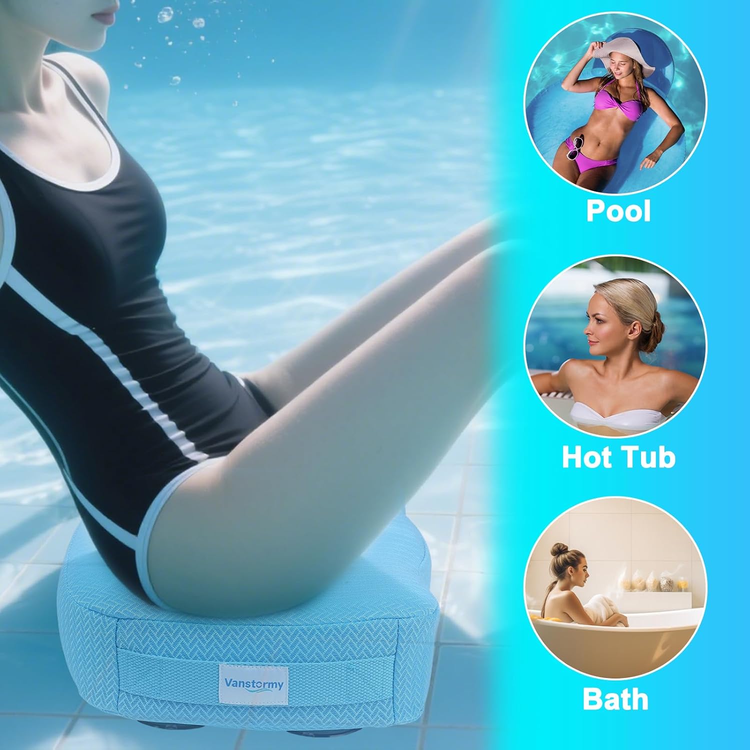 Hot Tub Booster Seat for Adults, Weighted Non-Slip Spa Cushion Pillow with Suction Cups, 5" Thick Supportive Quick Dry 4D Air Mesh, Stays Submerged for Indoor and Outdoor Bath, Blue