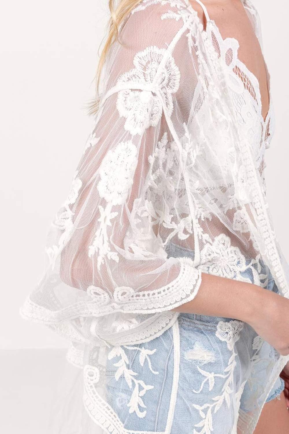 FaroDor Women Flowy Lace Kimono Cardigan Crochet Summer Open Front Bathing Suit Long Beach Cover Up White - Image 6