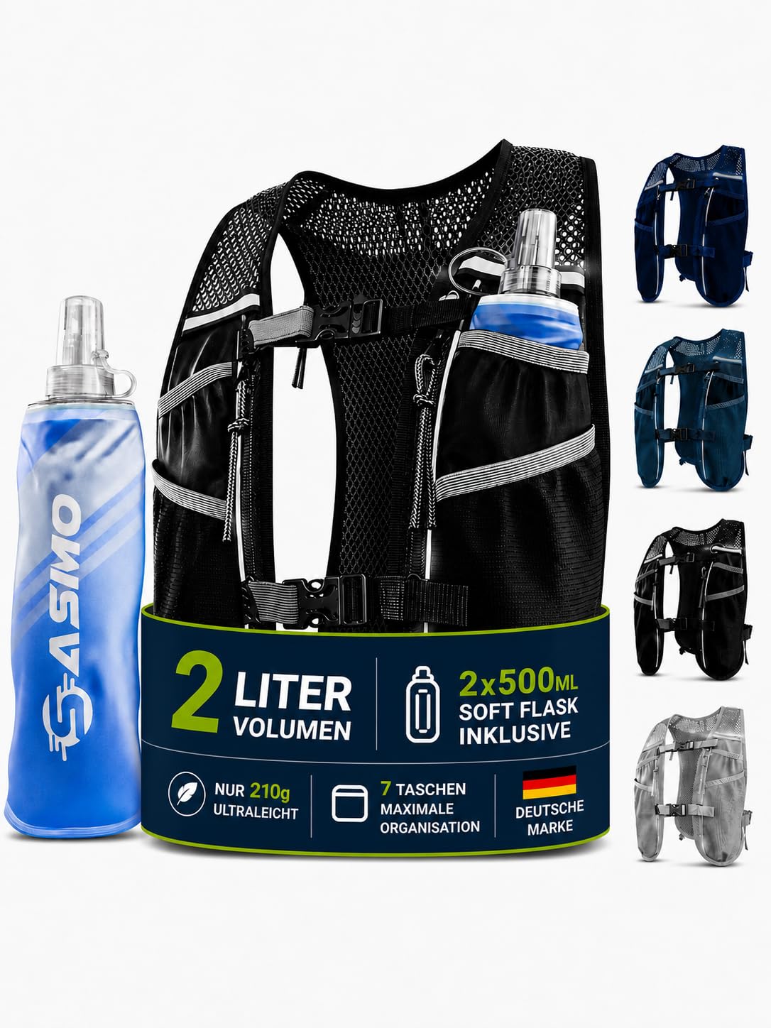 SASMO® Gilet da corsa da donna e da uomo, 5 l/2 l, ultraleggero e traspirante, zaino da corsa da donna, 8 tasche, gilet da corsa da uomo