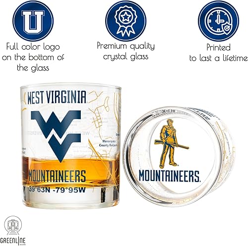 Miniatura 3 de Juego de vasos de whisky de la Universidad de Virginia Occidental (2 vasos de bola baja)  Contiene logotipo de West Virginia Mountaineers a todo