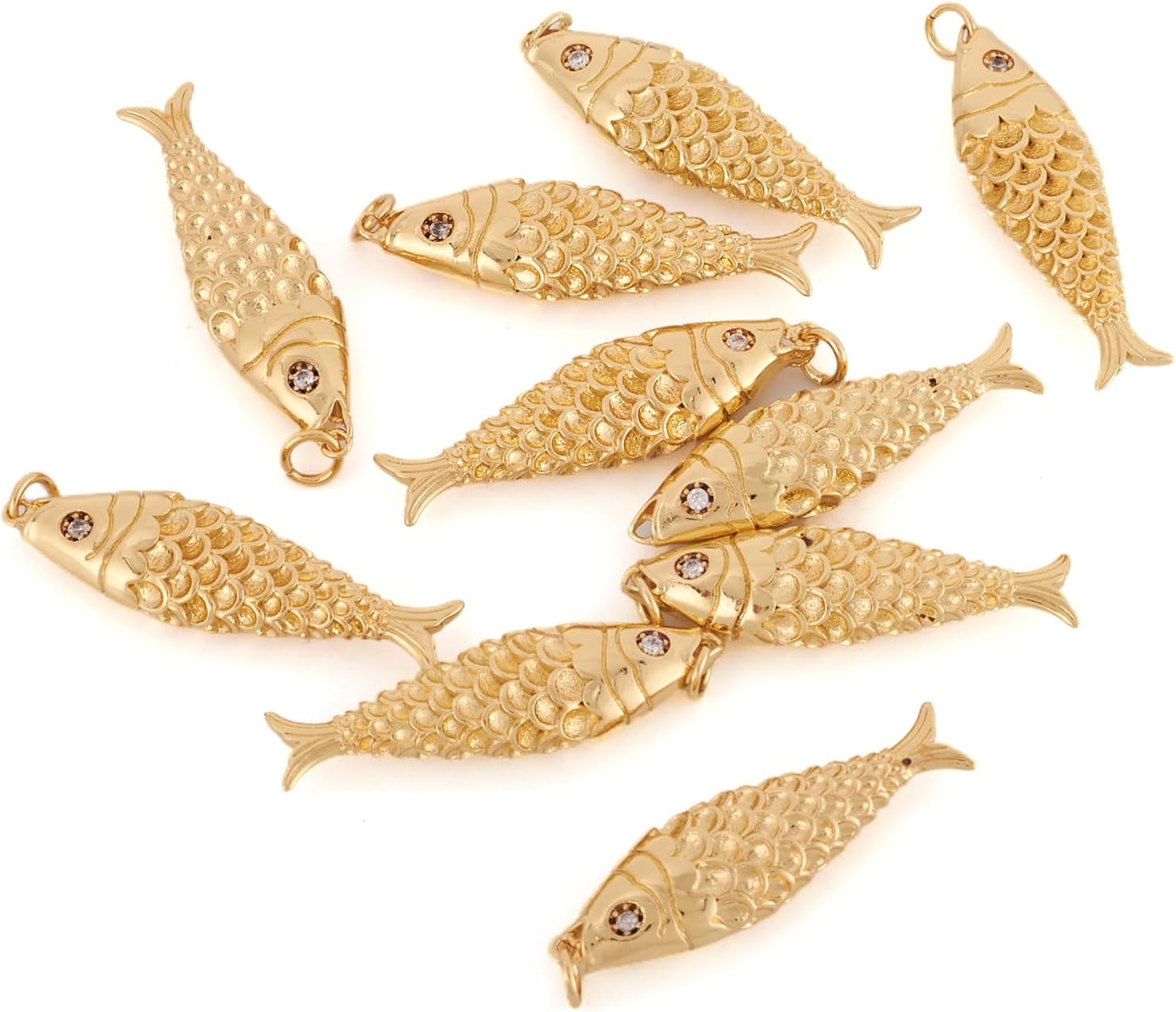 FASHEWELRY 10Pcs 18K Gold Plated Fish Charms Cubic Zirconia Fishing Eyes Charm Brass Golden Carp Charms Sparkling Micro Pave CZ Pendants for Bracelet Necklace Jewelry Making Festival Gift