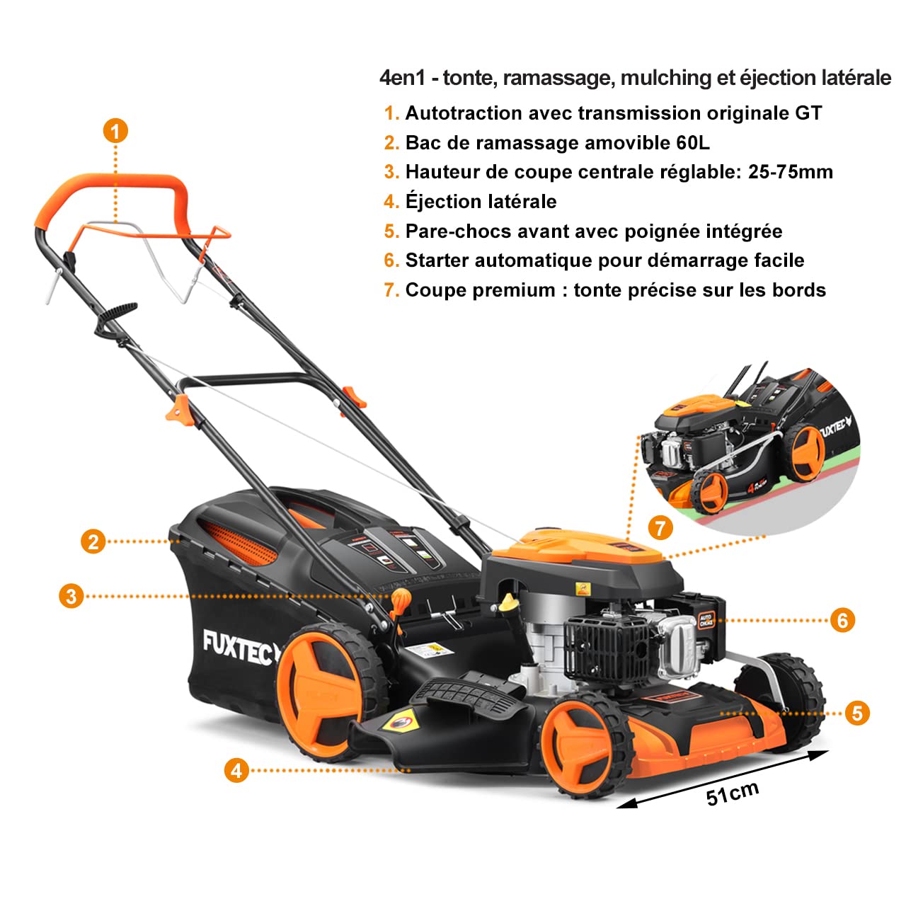 FUXTEC Tondeuse Thermique FX-RM5196 51cm 196cm3 6CV 4,4KW Autopropulsée Easy Clean 4en1 Mulching Bac 60L