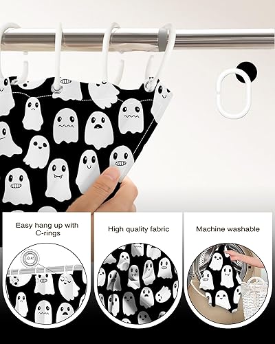 Miniatura 6 de Cortina de ducha de Halloween, bonita cortina de ducha de fantasma, fantasma, impermeable, juego de cortina de baño con 12 ganchos para decoración