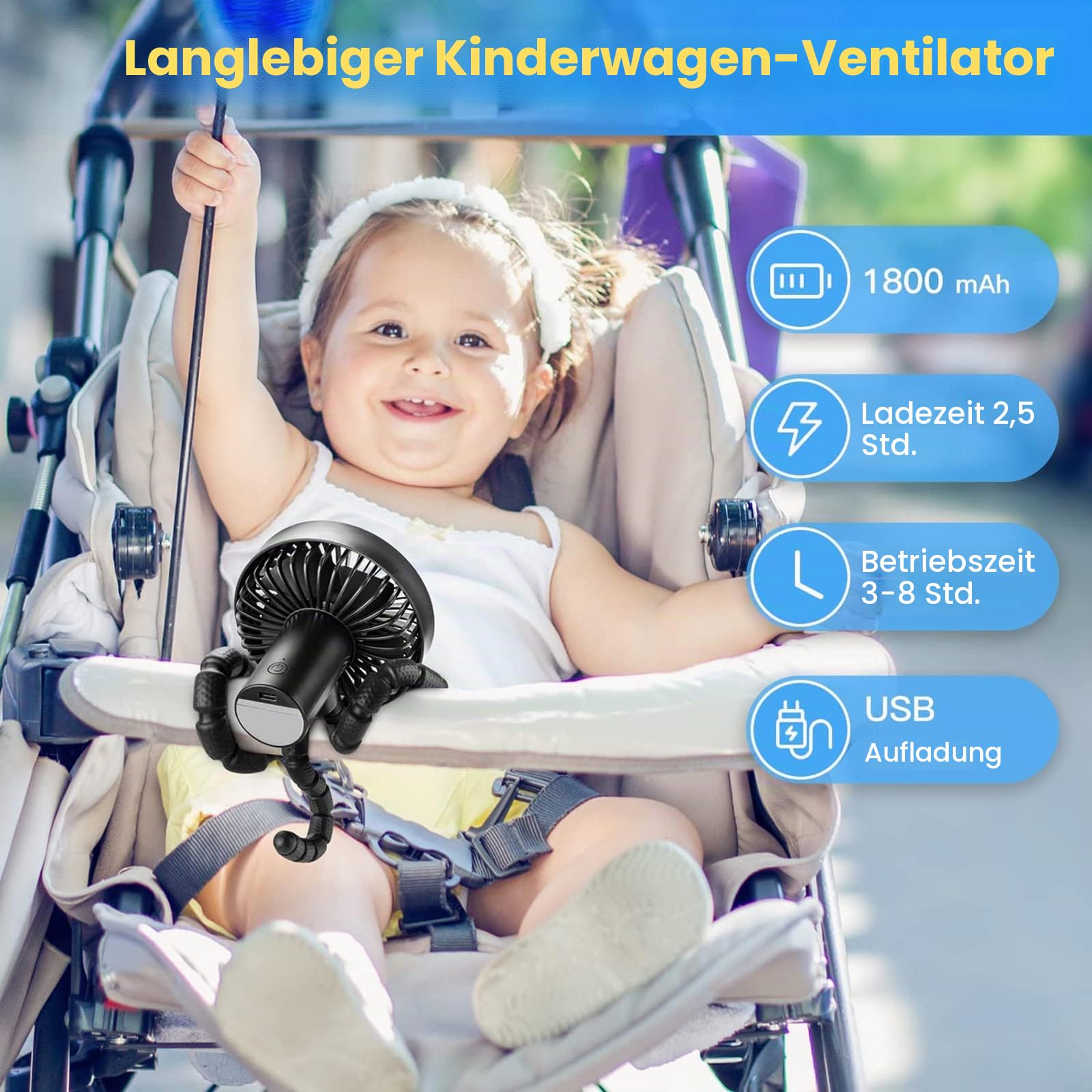 USB Ventilator Leise, Ventilator für Kinderwagen mit Verstellbares Stativ, Kleiner Ventilator mit Akku,1800mAh, Maximal 8h Mini Fan, Tragbarer für Kinderwagen/Schlafzimmer/Büro