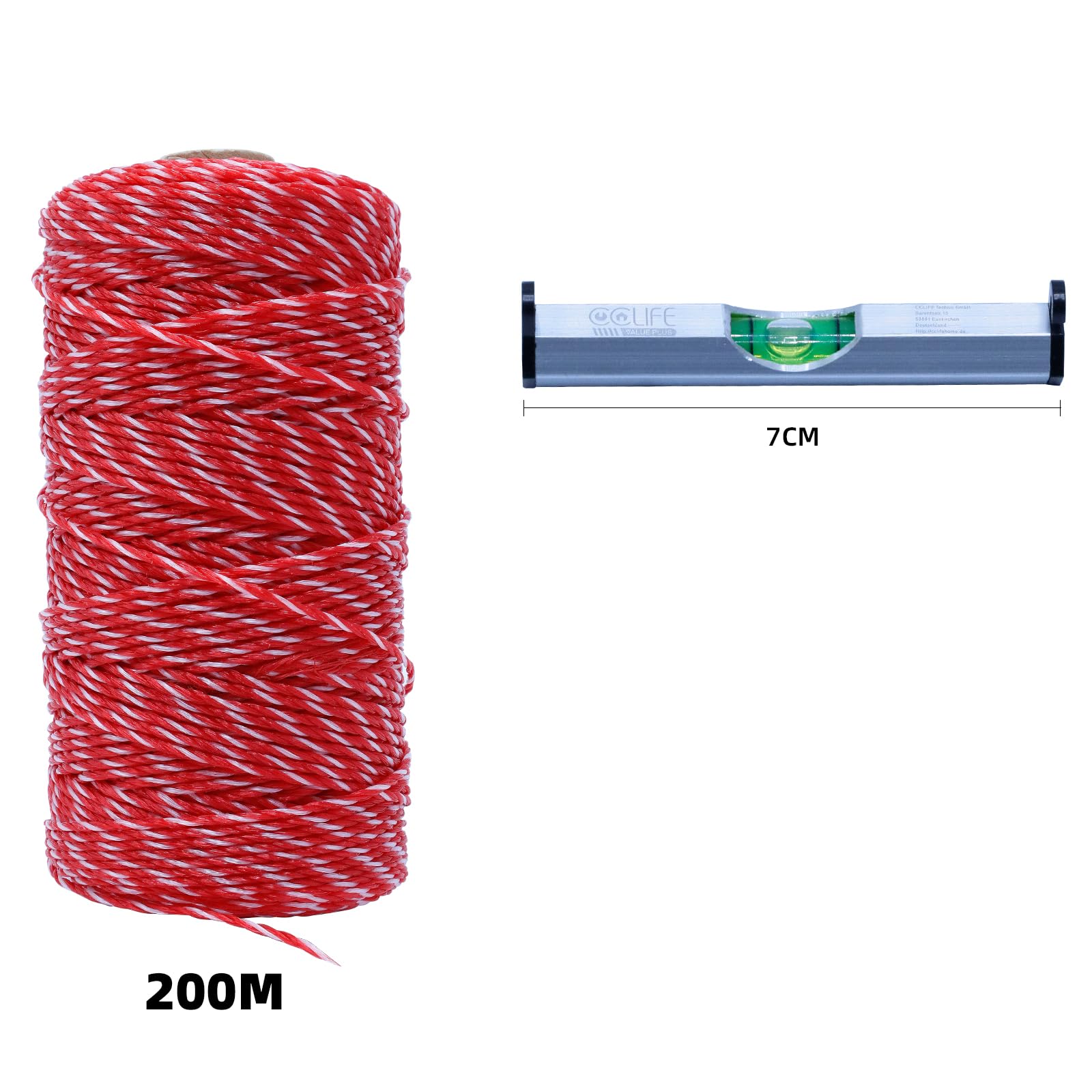 CCLIFE Corda da muratore 200M, Ø 2mm dotata di livella, linea guida Rosso-Bianco, cordone da pavimentazione, cordone da costruzione