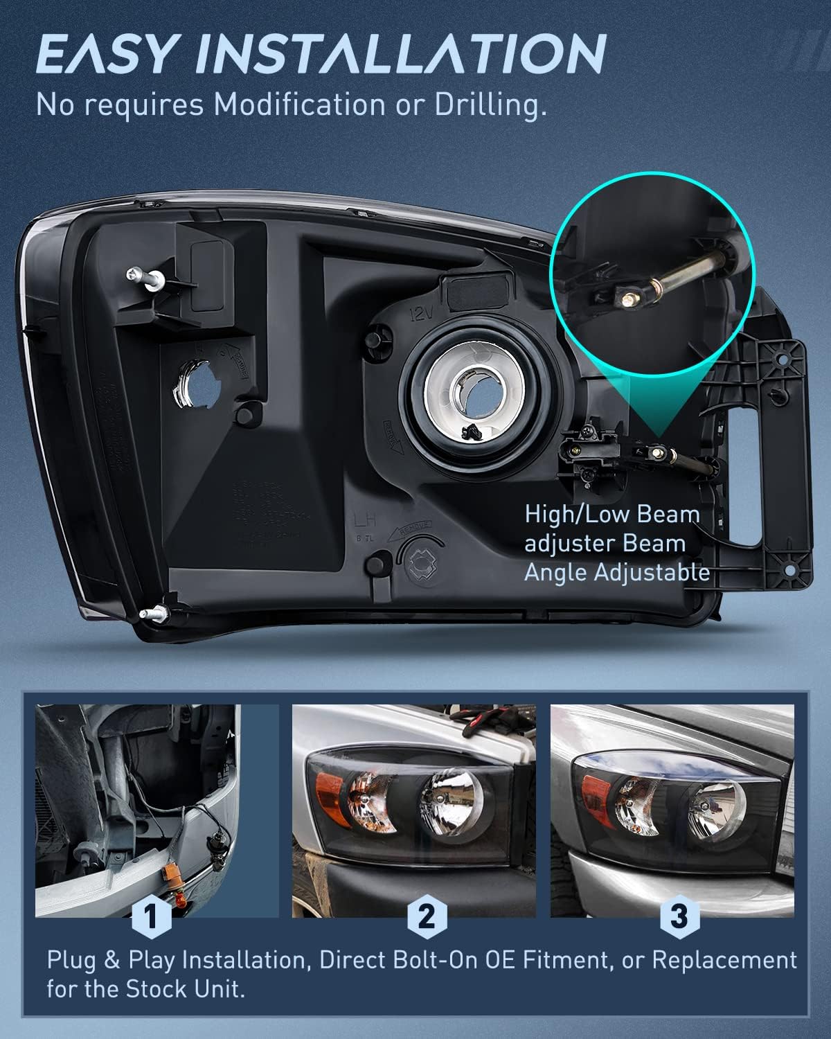 Nilight Headlight and Taillight Assembly Combo Compatible with 2007 2008 2009 Dodge Ram 1500 2500 3500 OE Style Black Housing Amber Reflector with Smoke Housing Tail Lights