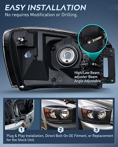 Miniatura 3 de Nilight Conjunto de faros delanteros Dodge Ram 2007 2008 2009, paquete de 2 compatibles con Dodge Ram 1500 2006-2008 2006-2009 Dodge Ram 2500 3500