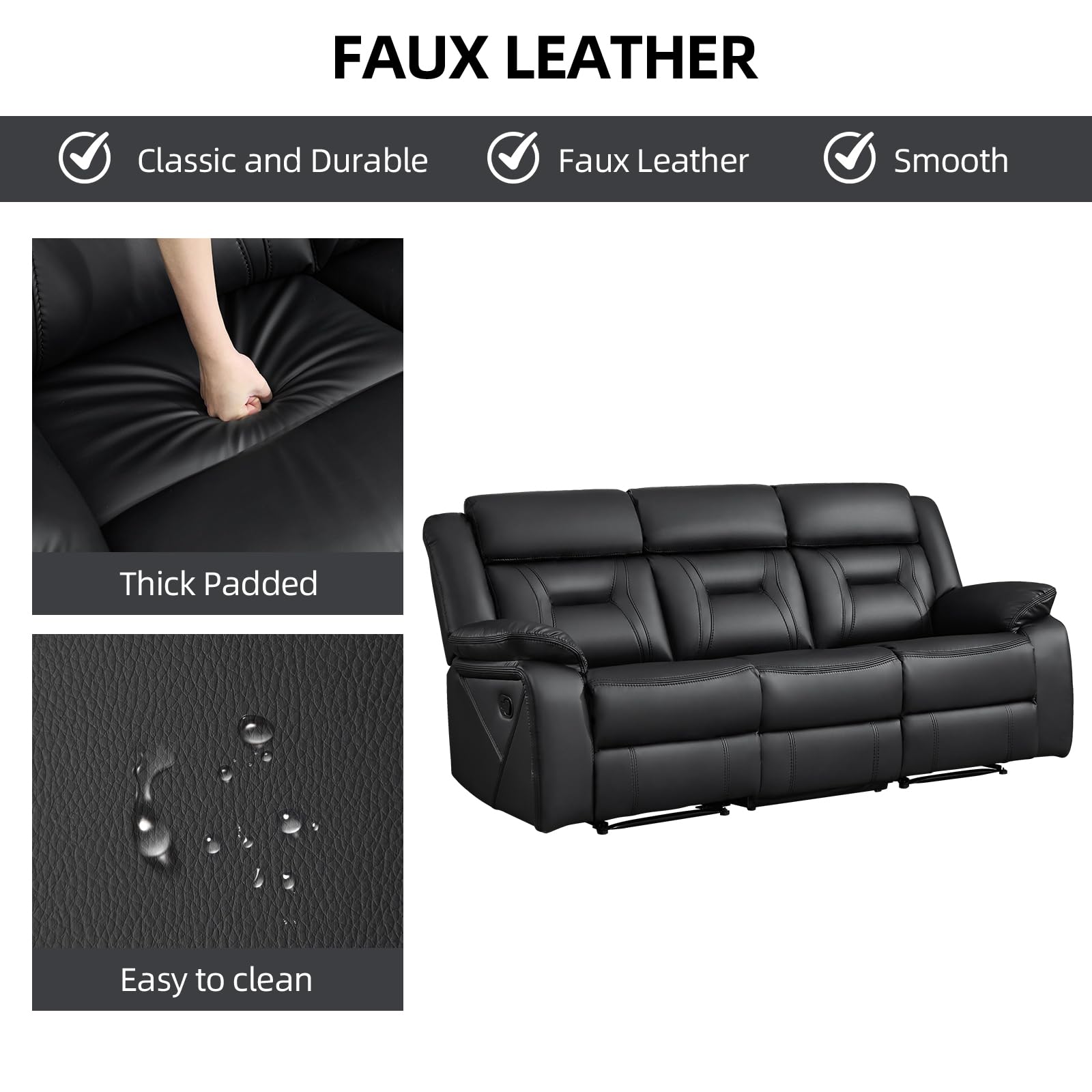 EBELLO Faux Leather Manual Reclining Sofa, 3 Seat Recliner Sofa Chair, Couch Furniture for Living Room, Furniture, Meeting Room, Black (3 Seat Sofa) view 5