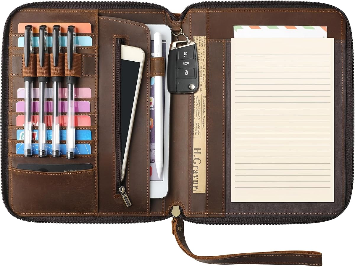 Genuine Leather Portfolio with Zipper, Padfolio Portfolio Organizer Folder for Men Women, Professional Business Card Holder for A5 Letter Size Notepad, Resume, Writing Pad, Pen Loop
