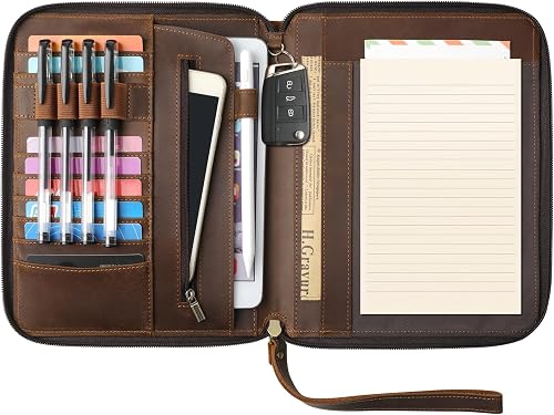 Genuine Leather Portfolio with Zipper, Padfolio Portfolio Organizer Folder for Men Women, Professional Business Card Holder for A5 Letter Size Notepad, Resume, Writing Pad, Pen Loop