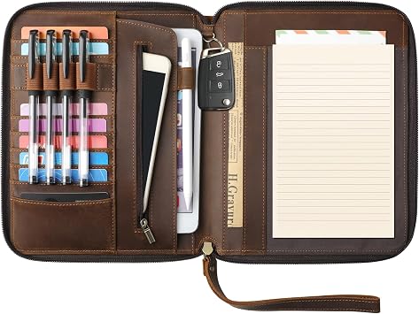 Genuine Leather Portfolio with Zipper, Padfolio Portfolio Organizer Folder for Men Women, Professional Business Card Holder for A5 Letter Size Notepad, Resume, Writing Pad, Pen Loop