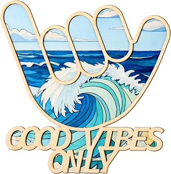 Bnesi Wooden Hawaiian Decor Surfer Hand Sign Surfer Decor Cool Surf Board Wall Decor Beach Room Decor for Nursery Room Bedroom Bathroom Living Room Gifts for Surfers Cartoon