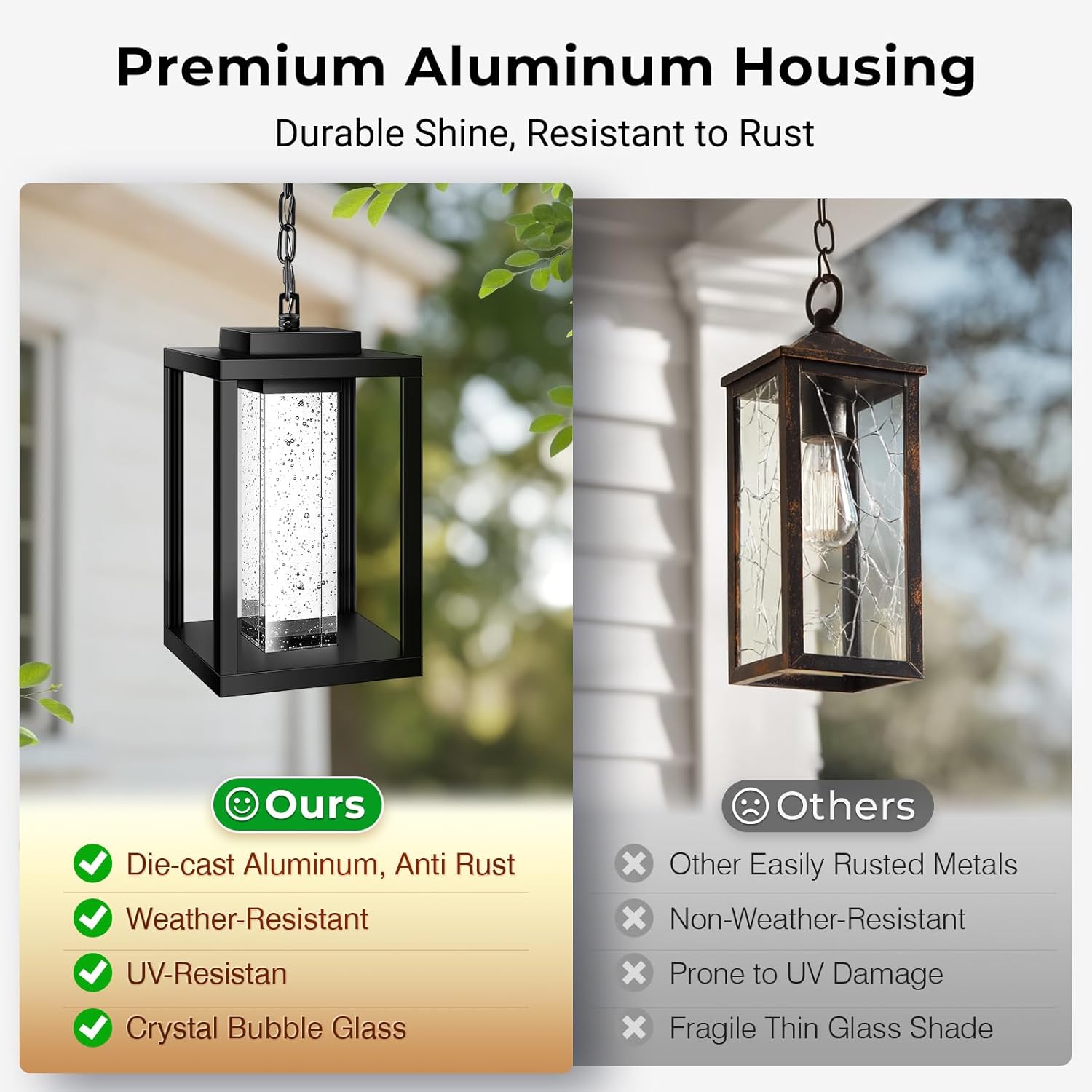 VIANIS Outdoor Pendant Light for Porch with Adjustable Chain, 2 Pack Dusk to Dawn Outdoor Porch Light with Integrated 10W LED Light Source Crystal Bubble Glass