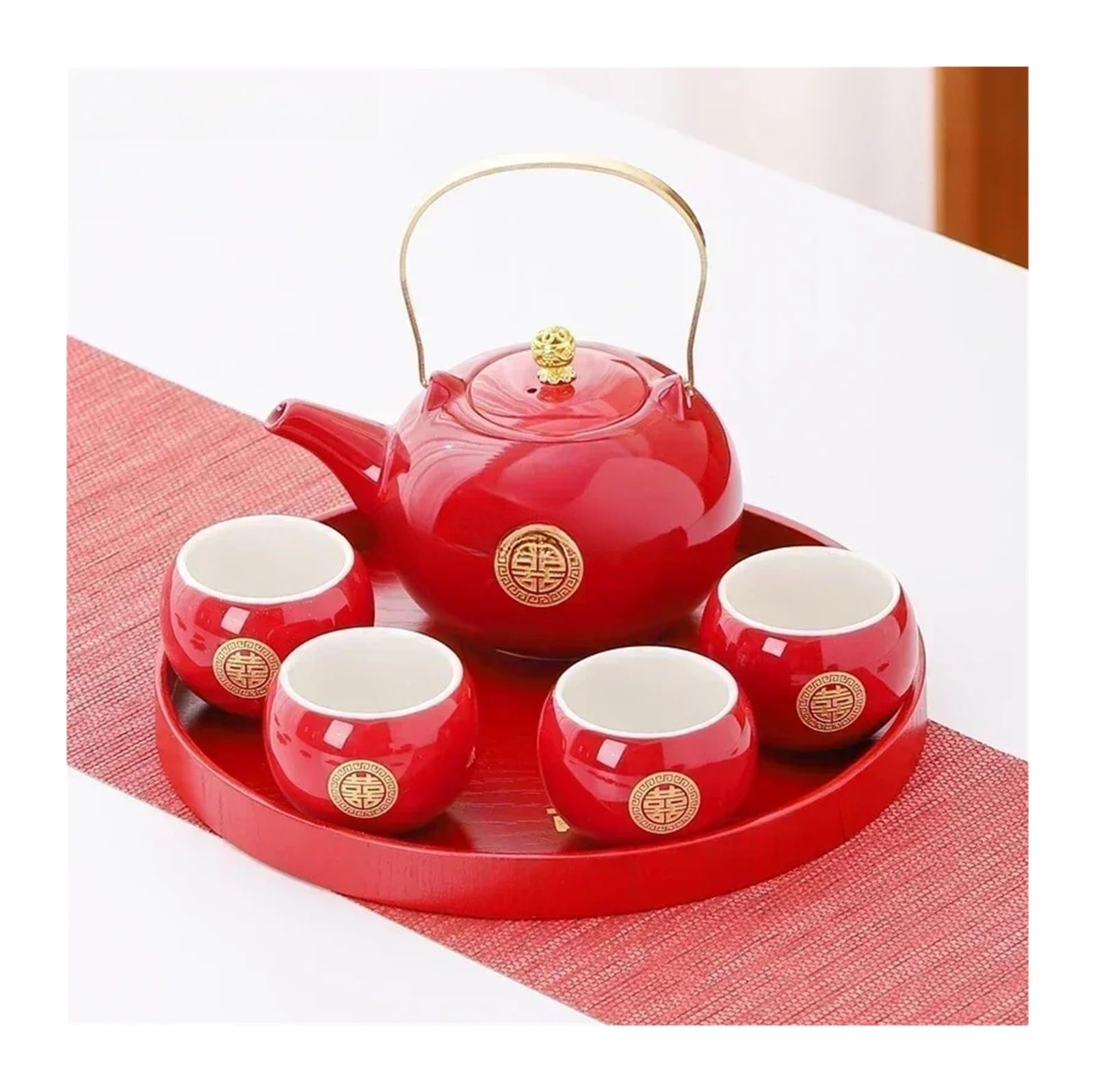Juego De Té De Cerámica Roja, Juego De Té Chino For Bodas, Tetera Hecha A Mano, Juego De Tazas De Té De Porcelana For El Hogar, Personalizado Y Especial.(D3-6pcs)