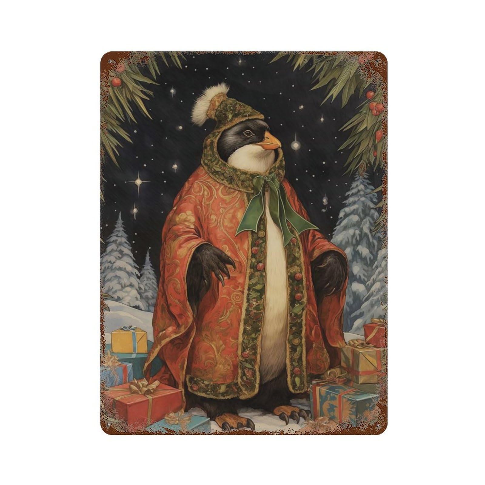 Native Xmas Penguin Aged Metal Wall Plaque 15.7"x11.8", Industrial Home Decor for Pub, Kitchen And Man Cave Decor