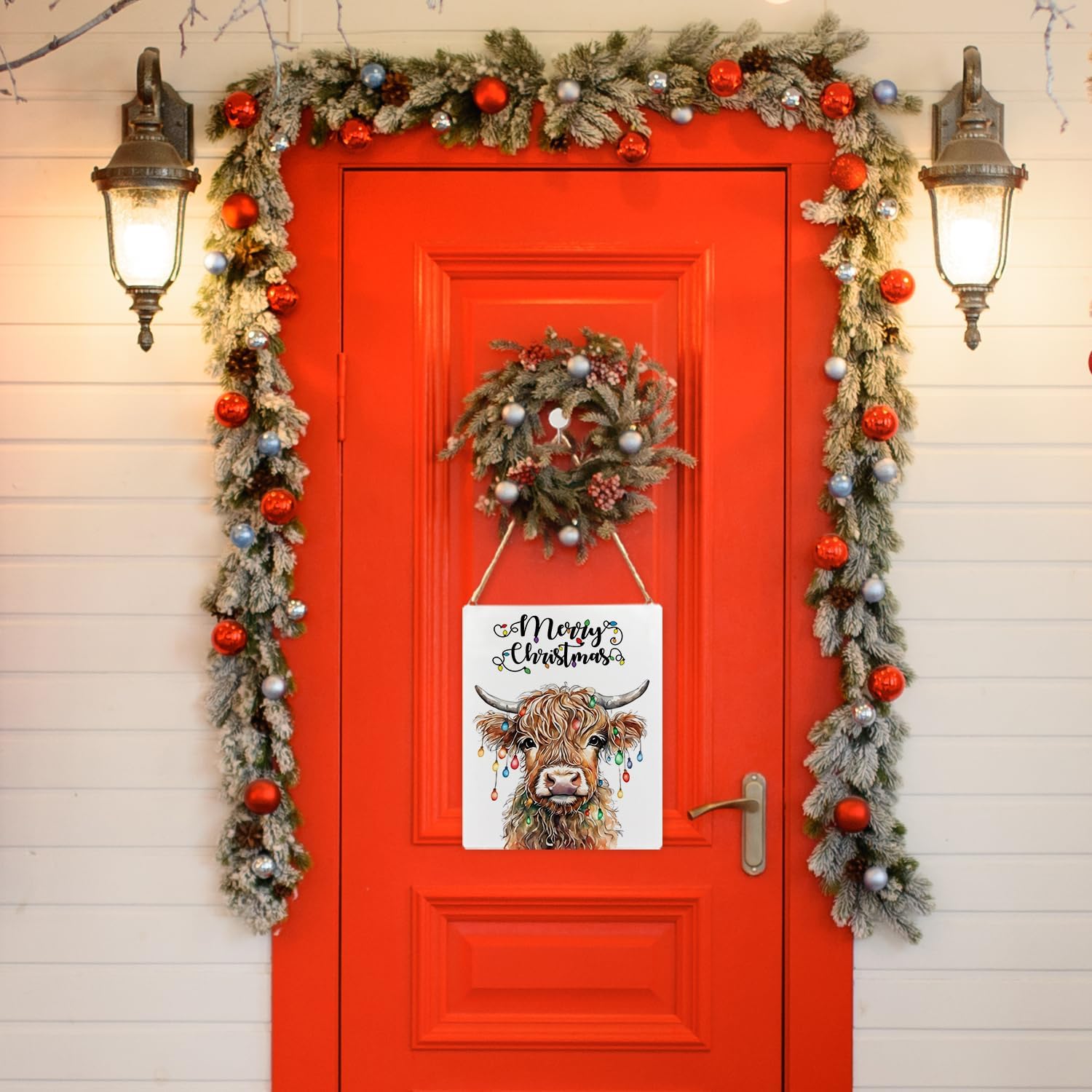 Christmas Cute Cow Wooden Signs Plaque Wall Hanging, Christmas Door Sign Hanger, Cute Cow Xmas Decorations, Merry Xmas Wall Sign for Outdoor, 8x10 Inch