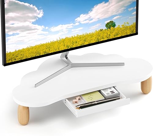 Soporte elevador de madera resistente en forma de nube para monitor de computadora con cajón, organizador de escritorio multiusos