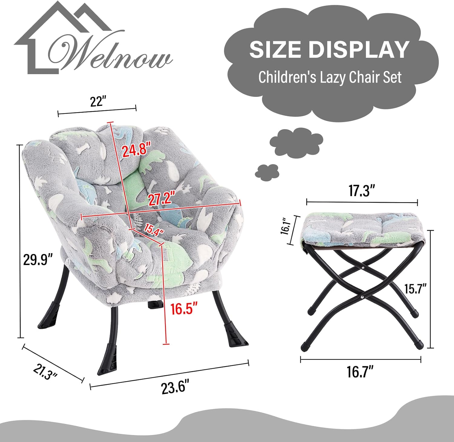 Welnow Toddler Kids Lazy Chair with Ottoman, Glow in The Dark Accent Comfy Lounge Children Armchair Couch with Removable Cover, Detachable Reading Chair with Footrest for Boy or Girl, Grey Dinosaur