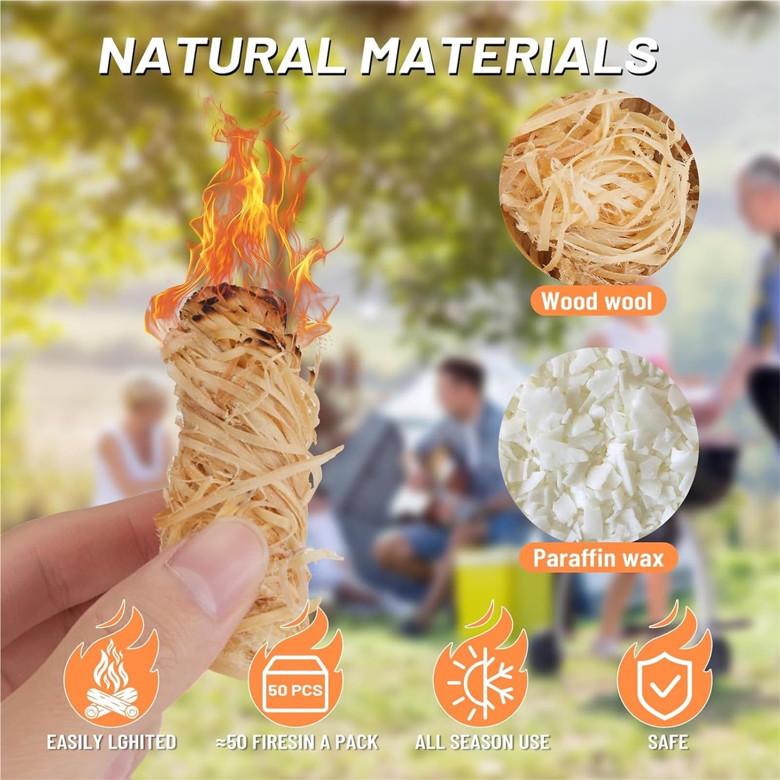 Accendifuoco Naturale for falò, 100 Pezzi Accendifuoco Naturale Impermeabile, Accendifuoco a Legna rapido for Camino, Stufa a Pellet, braciere, affumicatore, Barbecue, Camino, Forno for Pizza