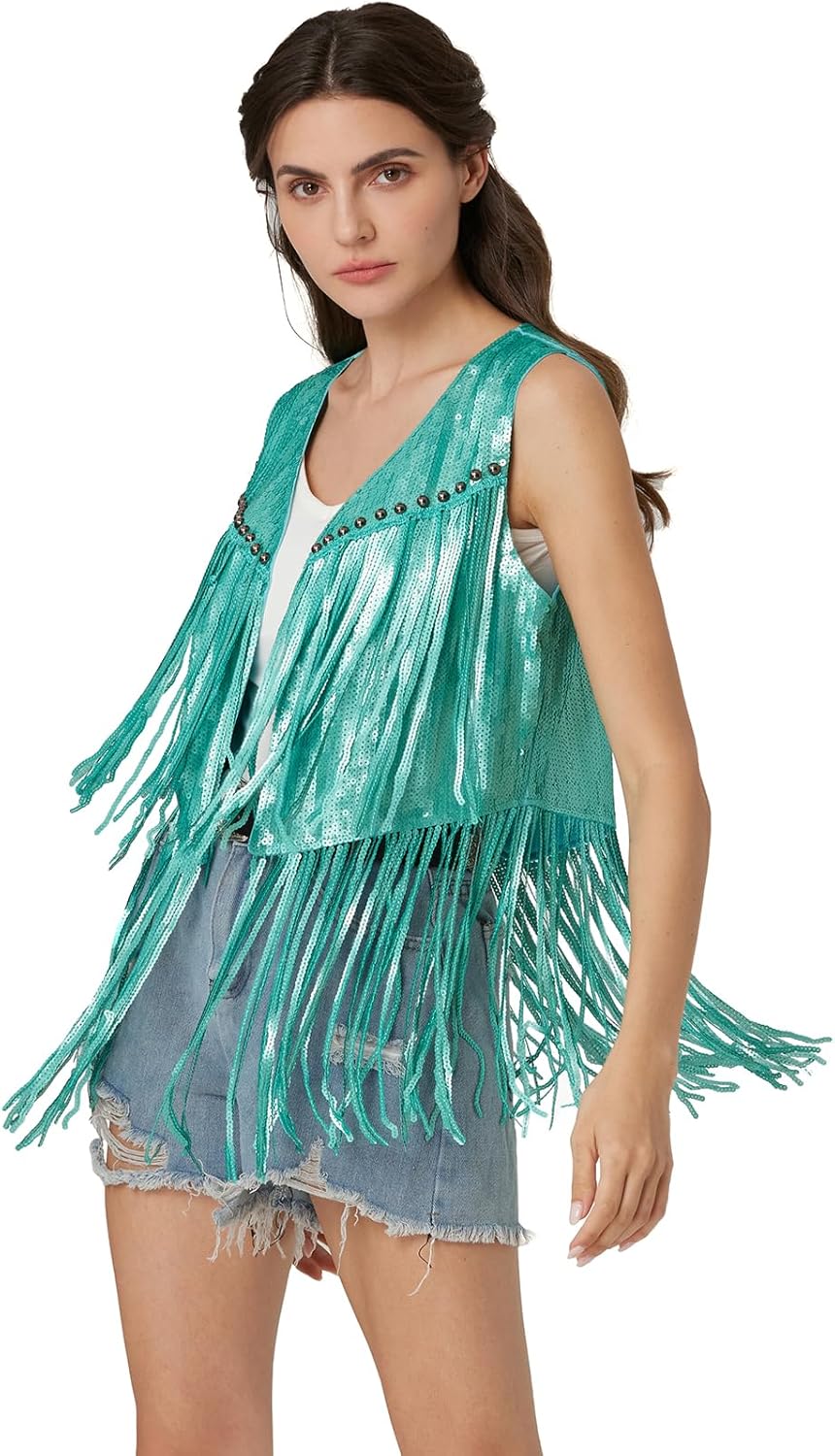Sequin Fringe Vest - Sparkly Tassels Jacket Rivet Sleeveless Open Front Tops Glitter Party Cowgirl Concert Outfits