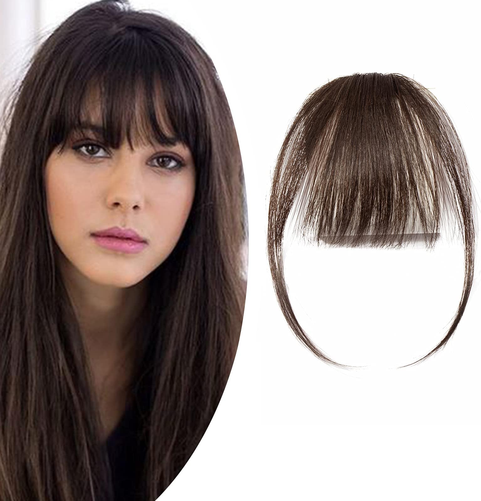 Clip in Fringe Light Bangs Hairpiece Human Hair One Piece Real Remy Clip on Real Remy Hair Extension Straight (#2 Dark Brown)