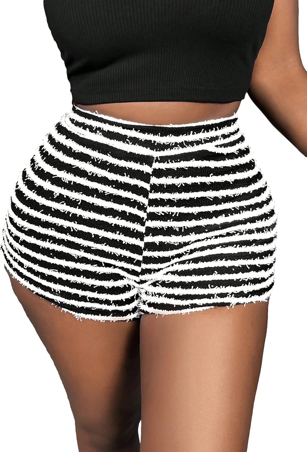 WDIRARA Women's Striped Elastic Waist Raw Trim Shorts Summer Casual Shorts