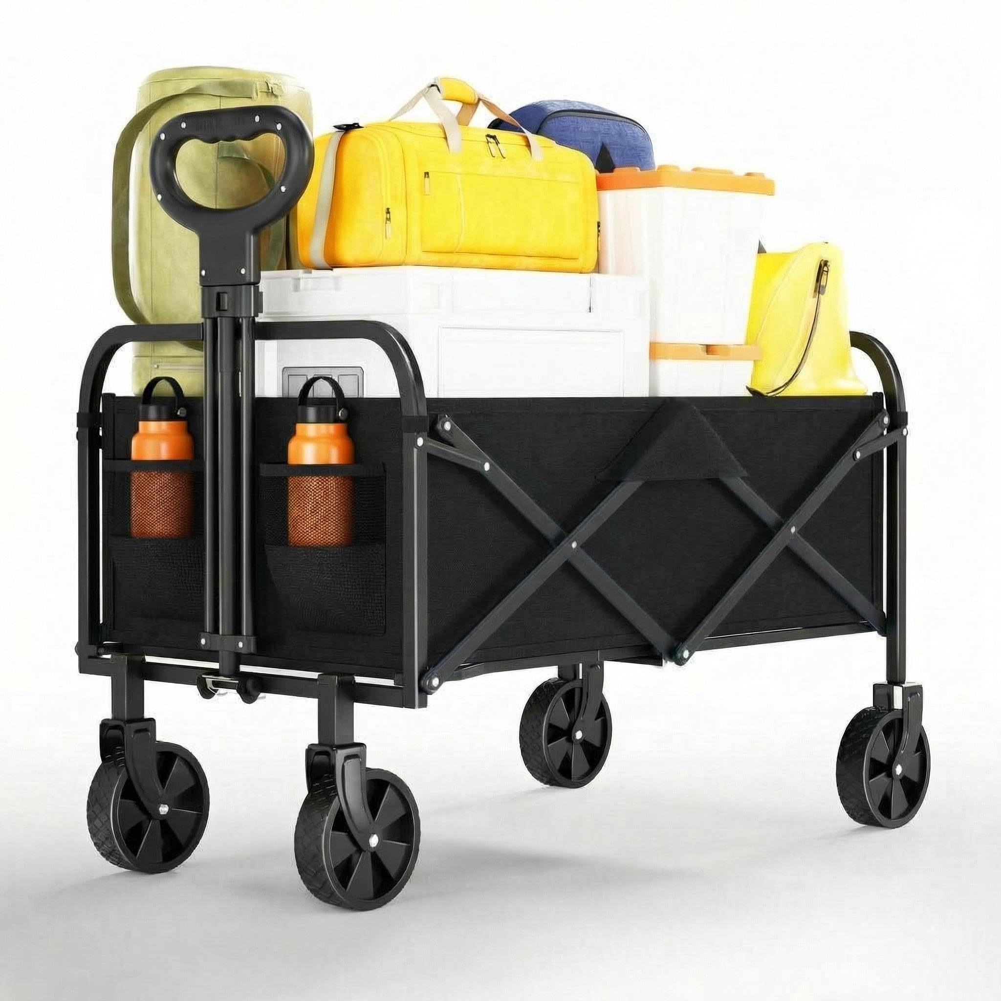 Carro Plegable con Ruedas Grandes Todoterreno - Carro Playa con Carga Máxima de 172 kg - Ideal para Playa, Jardín y Camping - Asa Ajustable - Transporte de Herramientas o Juguetes - Negro