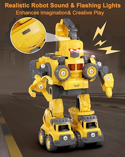 Miniatura 7 de Tusivo Juego de vehículos de construcción de robot transformador, 5 en 1, juego de construcción desmontable para niños, función de montaje fácil de