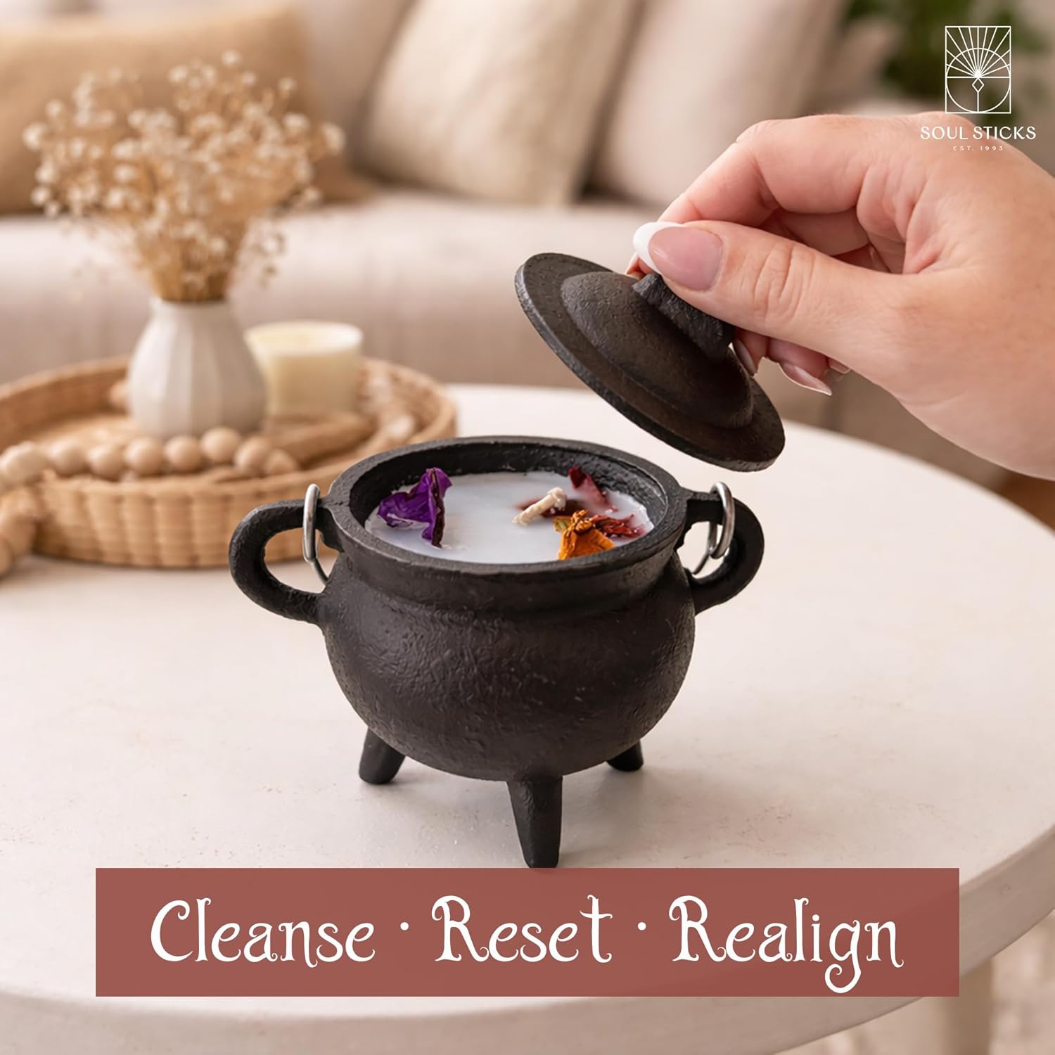Reusable 4 Inch Cast Iron Cauldron Candle with Lid and Hanging Handle for Spell Casting, Smudging, Ritual & Blessings Pot Belly Witchcraft Candle Aromatherapy Scented (White Sage)