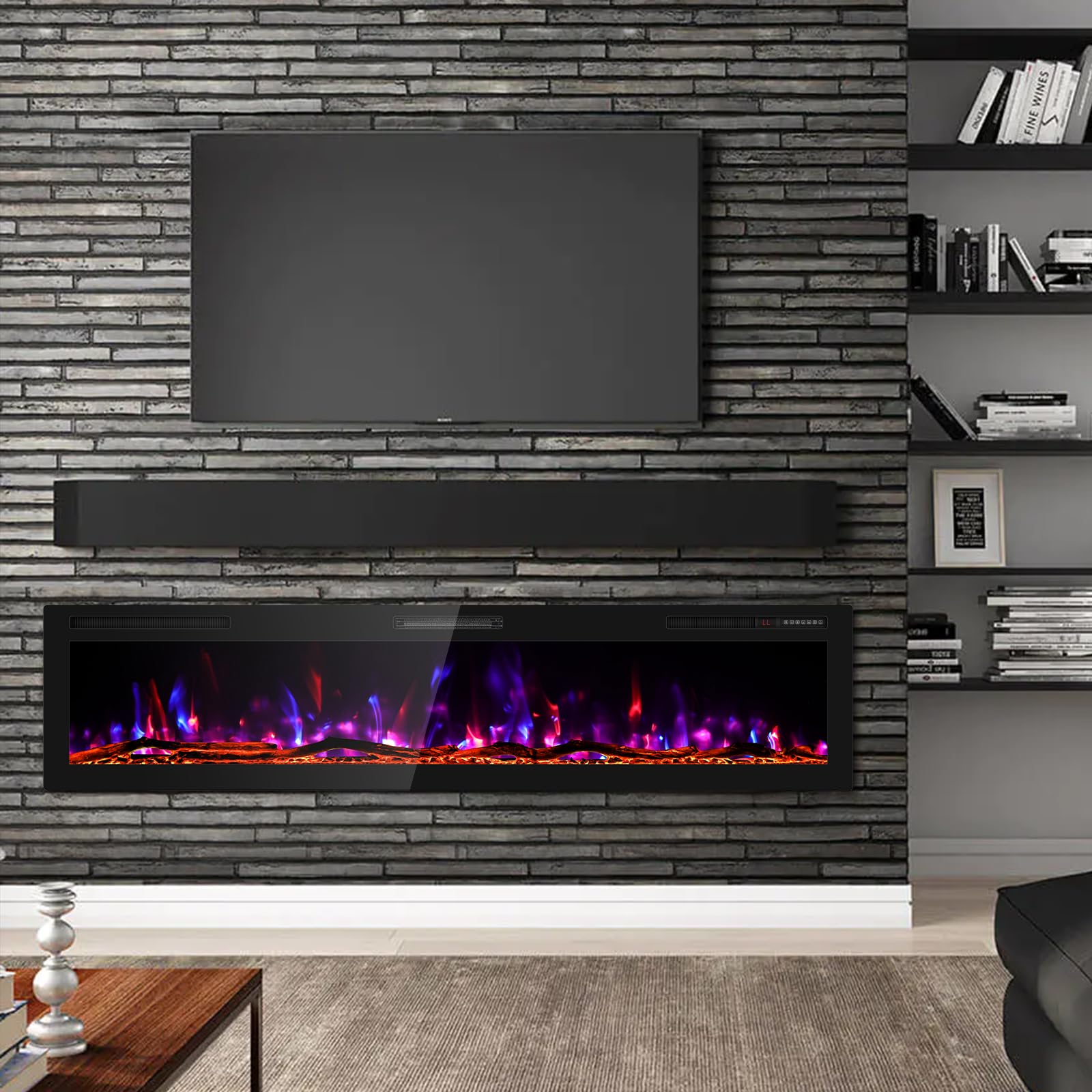 BREEZEHEAT 80 Inch Electric Fireplace Recessed and Wall Mounted, Ultra Slim Linear Fireplace Heater 750/1500W w/Log, HD Realistic Flame, Lower Noise, 8H Timer