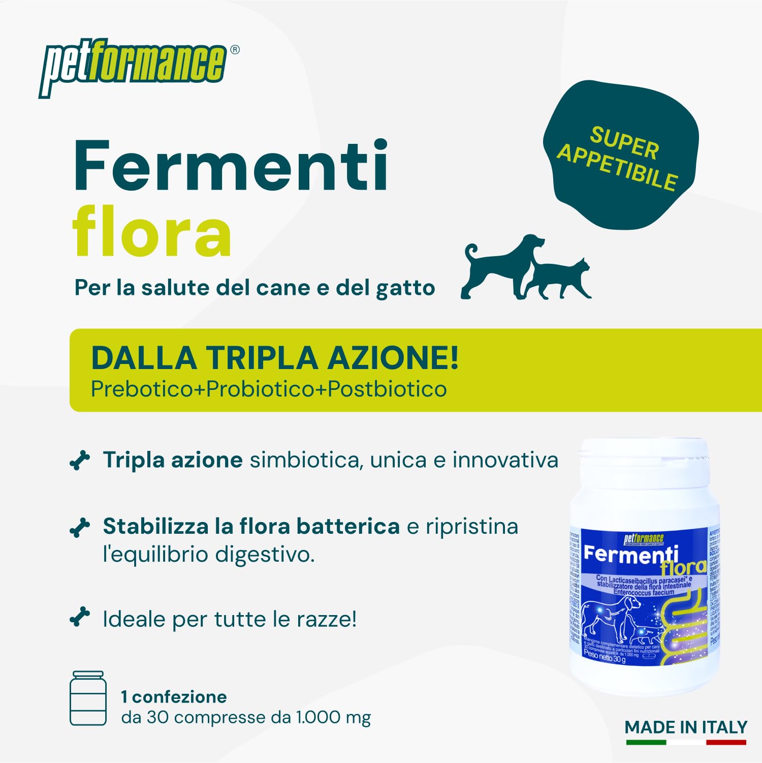 PETFORMANCE Fermentiflora – Probiotico, Prebiotico e Postbiotico per Cani e Gatti - Fermenti Lattici con Funzione Digestiva per la Flora Intestinale - 30 Compresse Appetibili