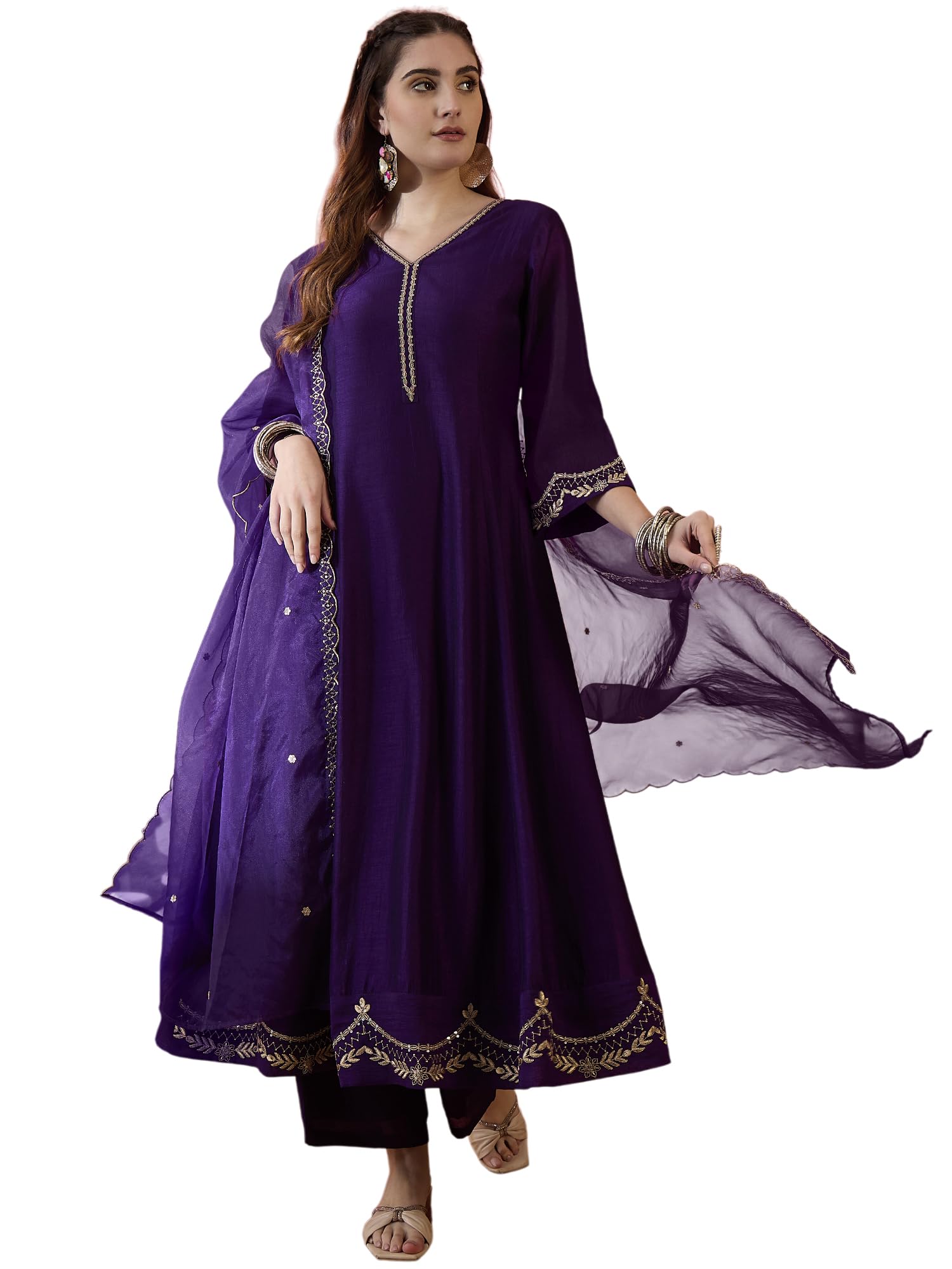 Amazon Brand - Tavasya Women Vichitra Zari Sequence Embroide Kurta with Pant and Dupatta|Kurta Set|Ethnic Wear|Salwar Suit|3 Piece Set