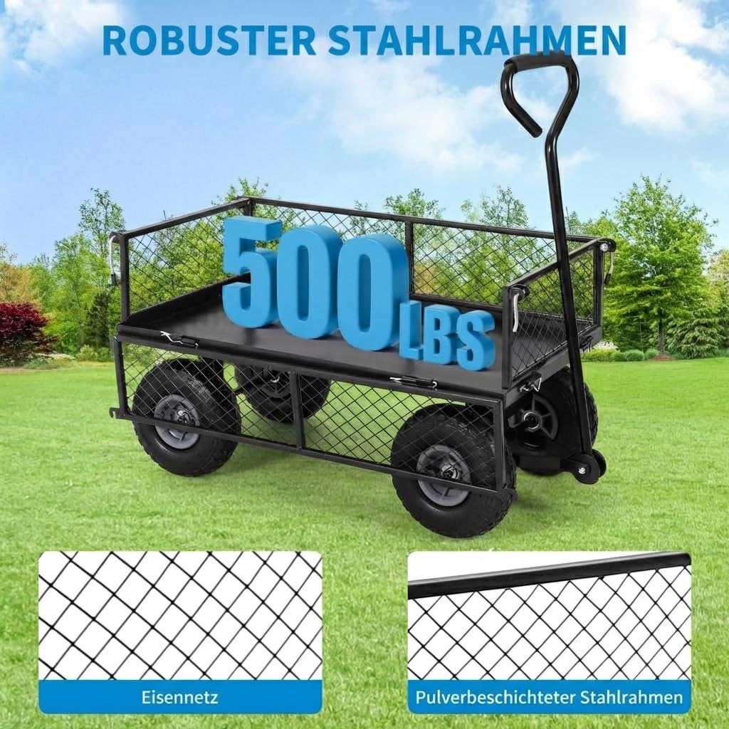 Chariot de jardin robuste - Charge maximale : 500 kg - Chariot utilitaire pliable avec côtés en maille amovibles et insert - Roues pneumatiques de 10" - Poignée de traction - Jardin, cour, agriculture