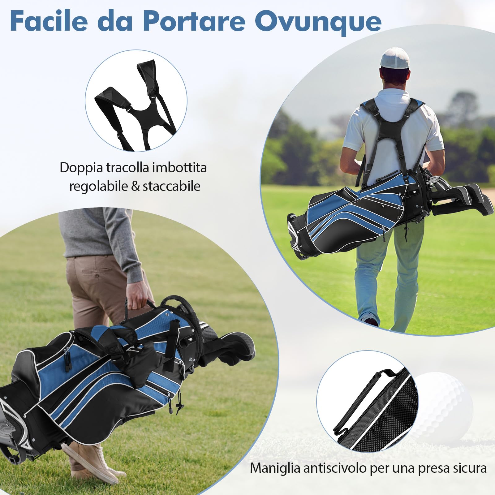 COSTWAY Borsa da Golf con Supporto, Sacca per Mazze da Golf con 6 Divisori, 7 Tasche con Cerniera Incluse Borsa Termica, Portaombrelli, Borsa da Golf Leggera e Portatile con Tracolla (Blu)
