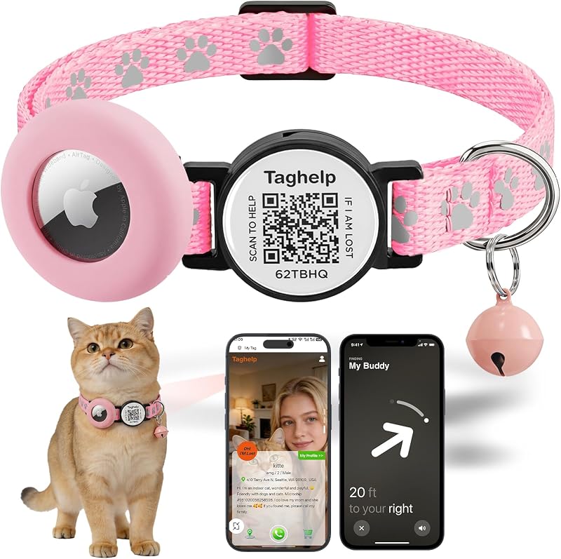 Coleira para Gatos com Suporte para Apple AirTag, Fecho de Segurança, Sino e Faixa Refletiva Taghelp Rosa