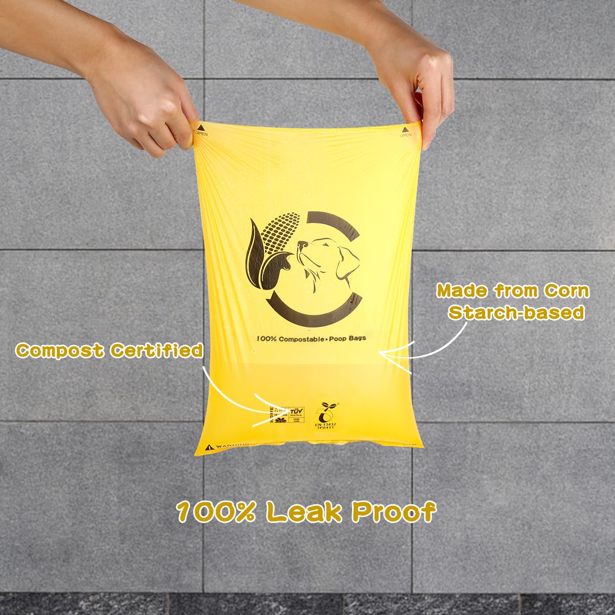 Bolsas compostables certificadas para excrementos de perro, 270 bolsas ecológicas y a prueba de fugas, bolsa de excrementos de perro 100% amarillo maíz fácil de abrir, 15 bolsas para perros por rollo